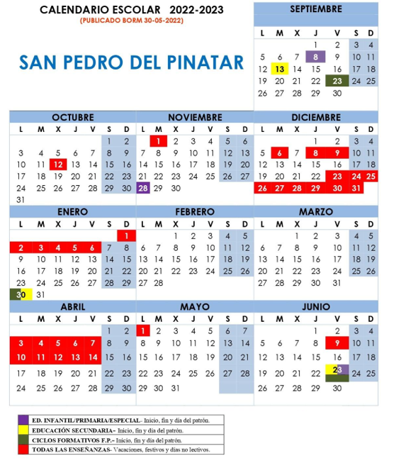 Calendario escolar de San Pedro del Pinatar. Curso 2022 - 2023